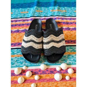 SILENT D Black Beige Woven Pool Slides Sandals Size 39 / US 9